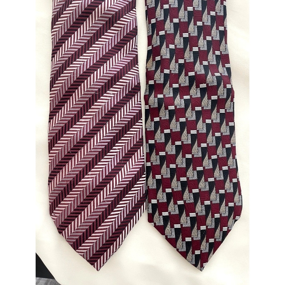 Pierre Cardin Mens Silk Tie Burgundy Geometric Striped Designer Neckties (2pc) - Picture 3 of 7